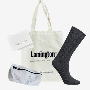womens textured merino lounge socks in charcoal with tote and laundry bag