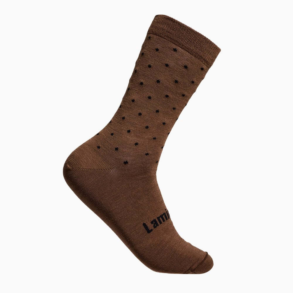 Brown,  merino wool crew length mens socks with Dark Blue Spots 
