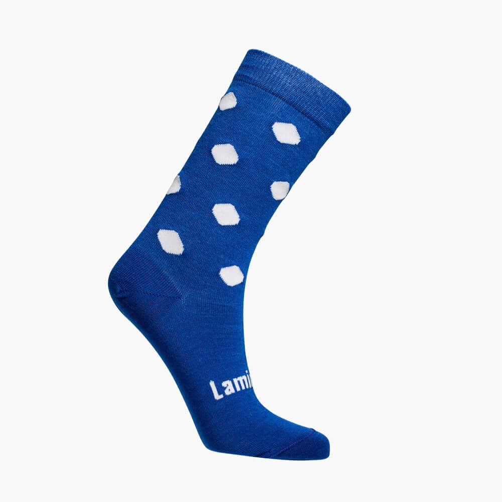 Royal blue crew sock with white spots