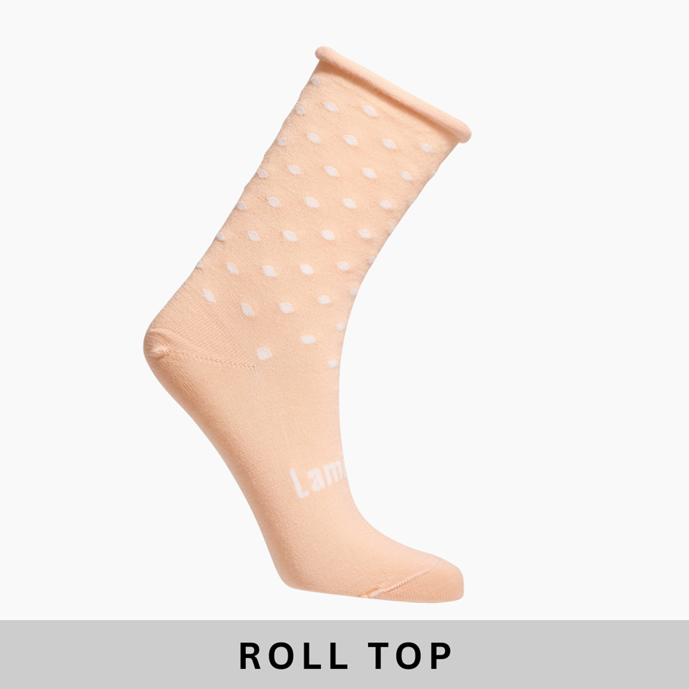 Peach and Natural spots merino wool crew socks for Women with a comfort roll top NZ